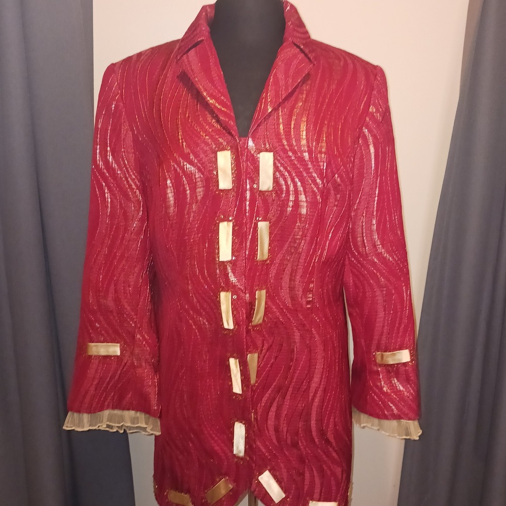 Vintage G.O.S.P.E.L. Michael Jackson Red Gold Metallic Jacquard Skirt Suit  14W - Picture 2 of 16